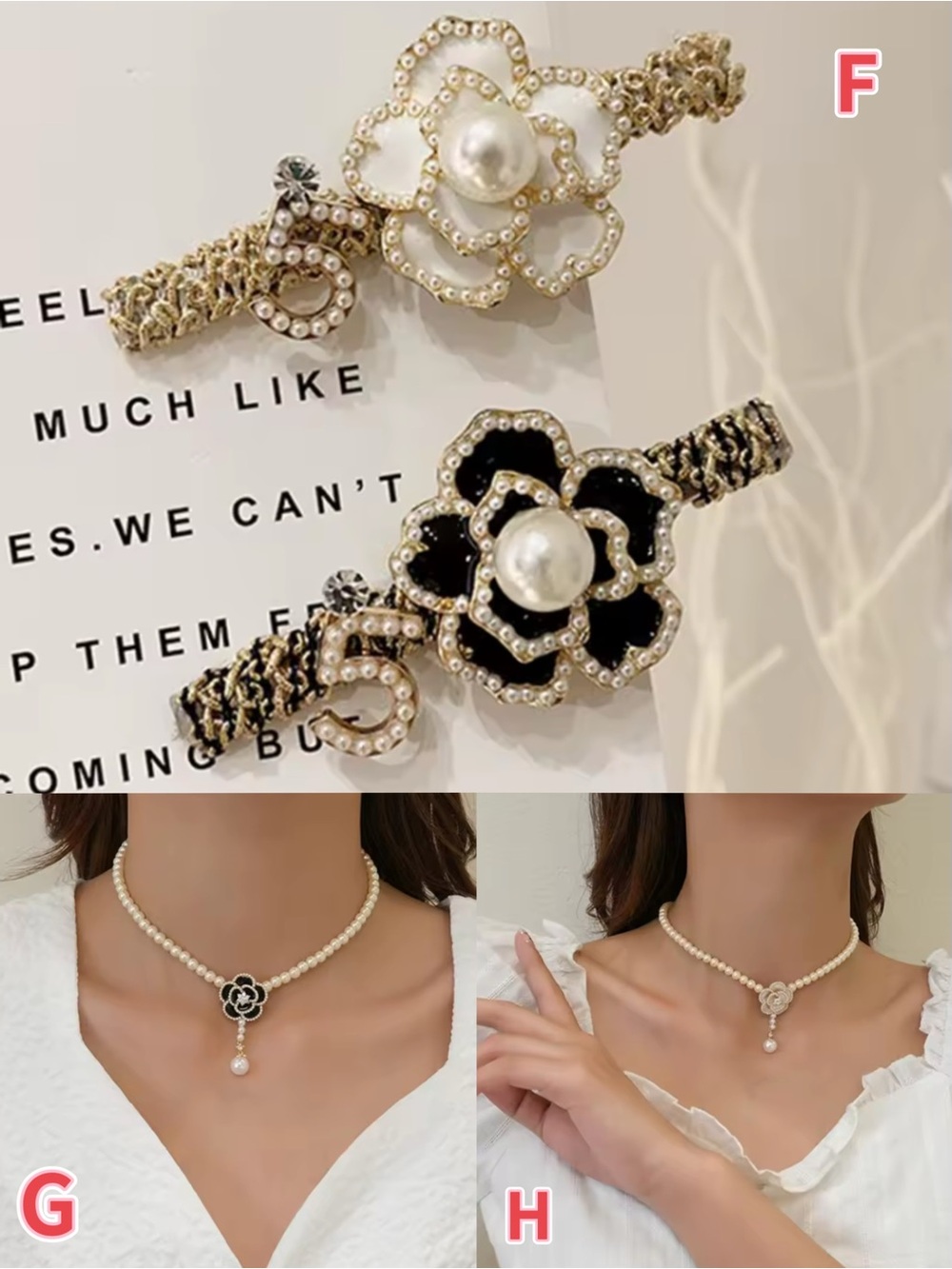Gold tone Floral stud Pearl Drop Earrings hairpins necklace Black White pink NWT